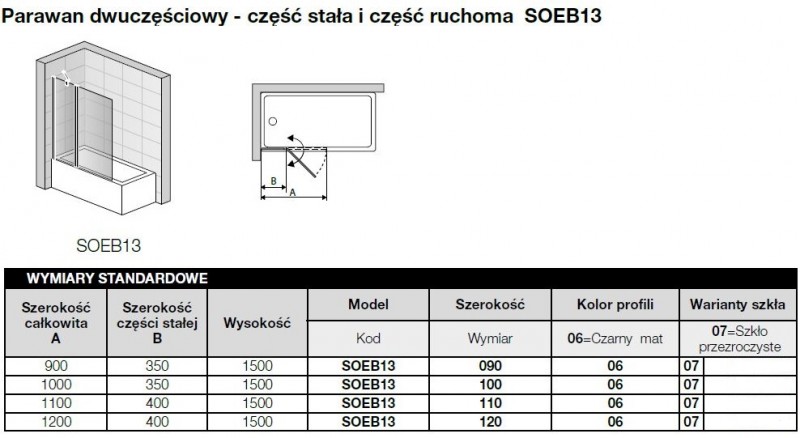 Sanswiss Solino Black Line  parawan nawannowy 2-częściowy wahadłowy 90 cm L/P czarny mat przeźroczyste SOEB130900607