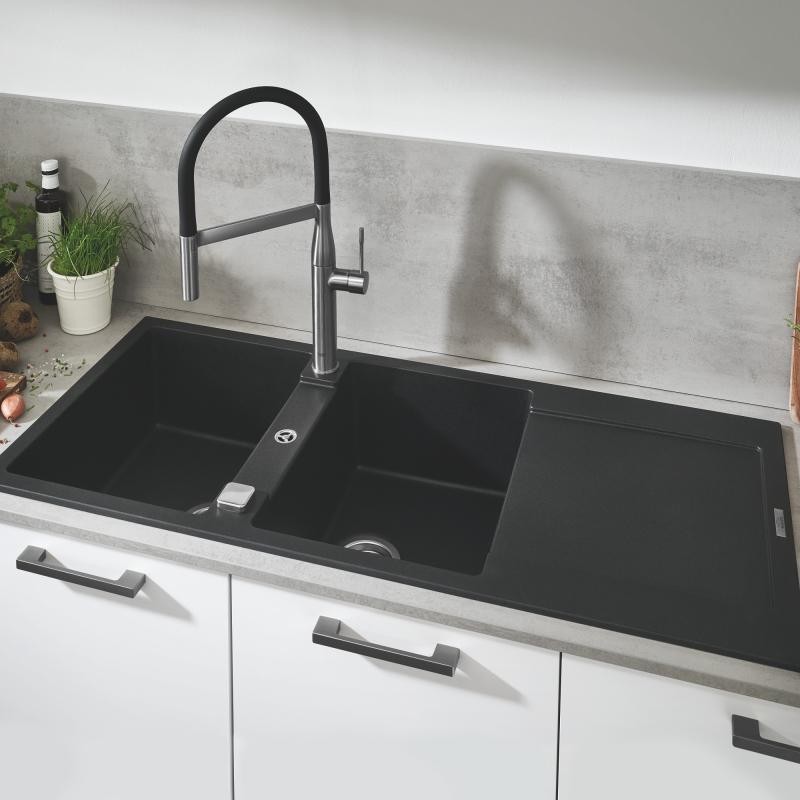 Grohe K500 zlewozmywak wpuszczany w blat 2 komory z ociekaczem 116x50 cm czarny granit 31647AP0