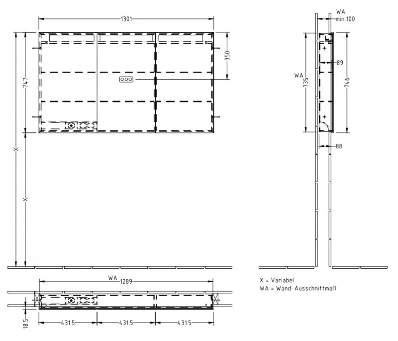 Villeroy&Boch My view in szafka z lustrem z oświetleniem LED do zabudowy 130x75 cm A4351300