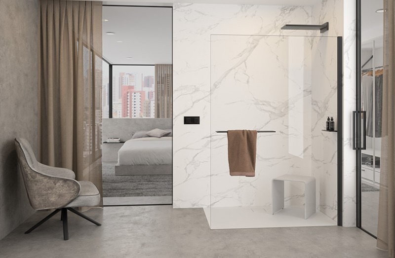 Huppe Select+ ścianka WALK-IN bez wspornika z listwą przyścienną Hüppe Select+ Tablet i Shelf 140 cm czarny przeźroczyste 10 mm Anti-Plaque SL0106123322