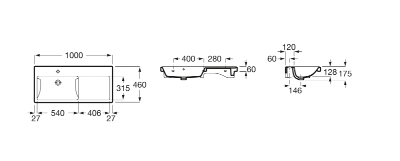 Roca Alter umywalka wisząca asymetryczna 100x46 LEWA biały A3270MB000
