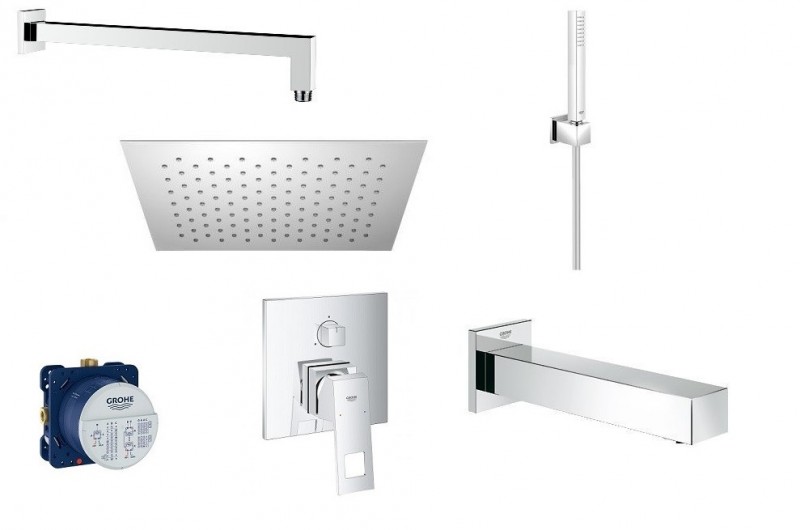 Grohe Eurocube + Euphoria Cube + Omnires zestaw podtynkowy z deszczownicą 25x25 i wylewką wannową kompletny 24094000WAN03