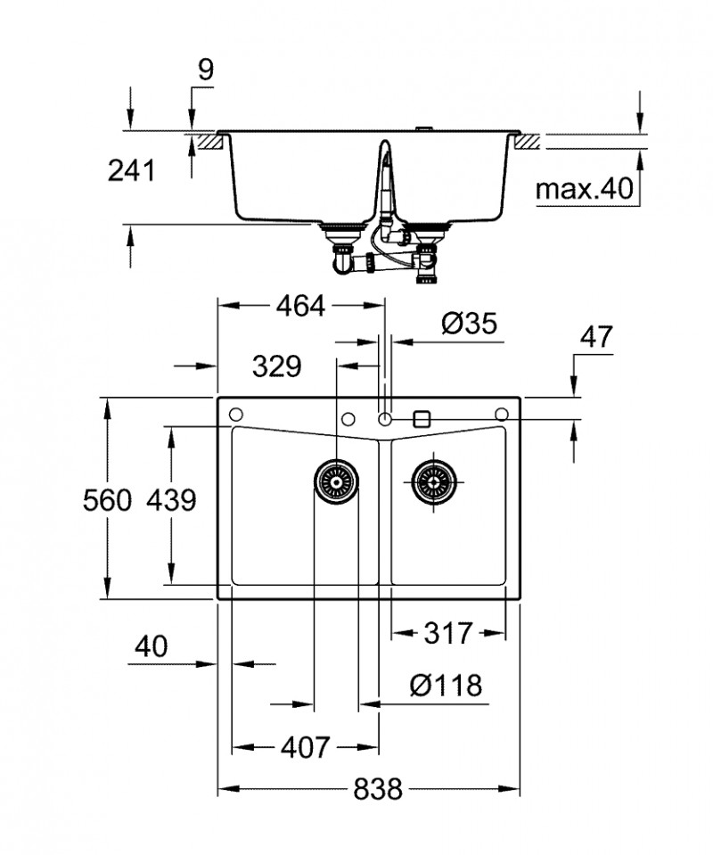 Grohe K700 zlewozmywak wpuszczany w blat 2 komory 84x56 cm szary granit 31657AT0