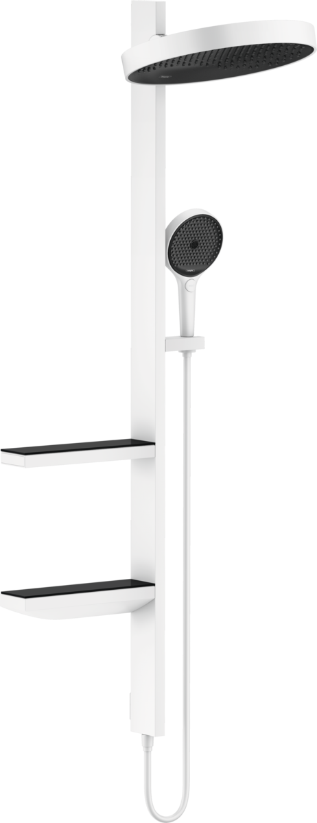 Hansgrohe Rainfinity 360 1jet Showerpipe zestaw prysznicowy do montażu podtynkowego z deszczownicą i półkami biały mat 26842700