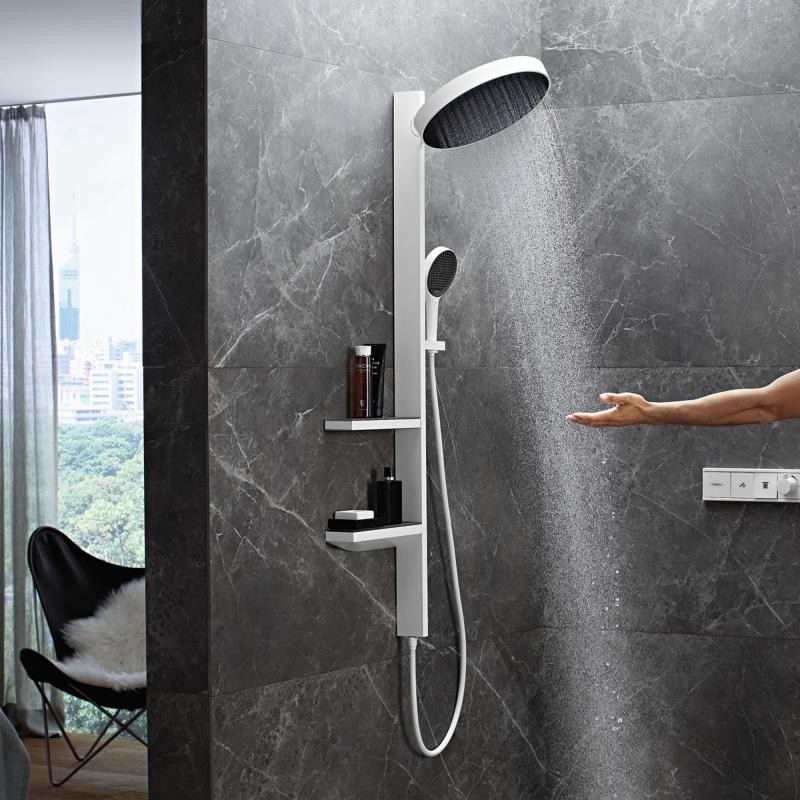Hansgrohe Rainfinity 360 1jet Showerpipe zestaw prysznicowy do montażu podtynkowego z deszczownicą i półkami chrom 26842000