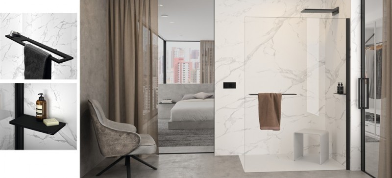 Huppe Select+ ścianka WALK-IN bez wspornika z listwą przyścienną Hüppe Select+ Tablet i Shelf 120 cm czarny przeźroczyste 10 mm Anti-Plaque SL0105123322