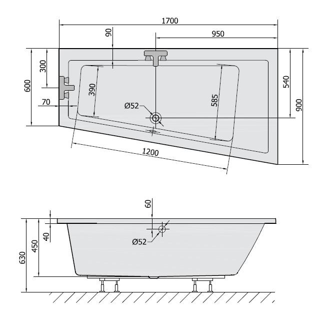 Polysan Andra R wanna asymetryczna prawa 170x90 cm akryl biały 81511