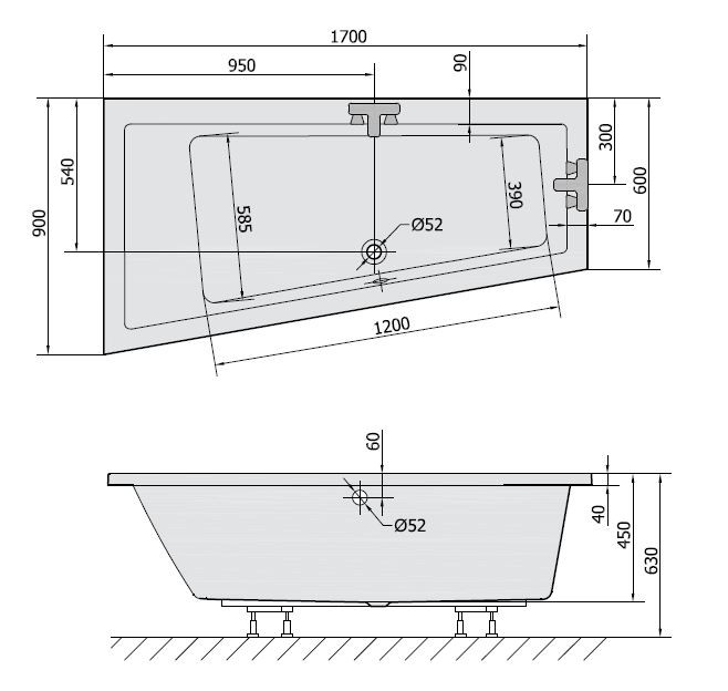 Polysan Andra L wanna asymetryczna lewa 170x90 cm akryl biały 81111