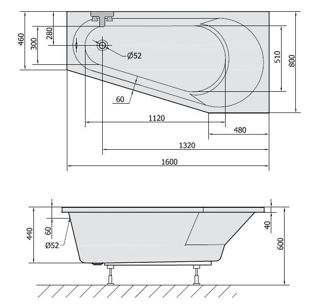 Polysan Projekta R wanna asymetryczna prawa 160x80 cm akryl biały 21111