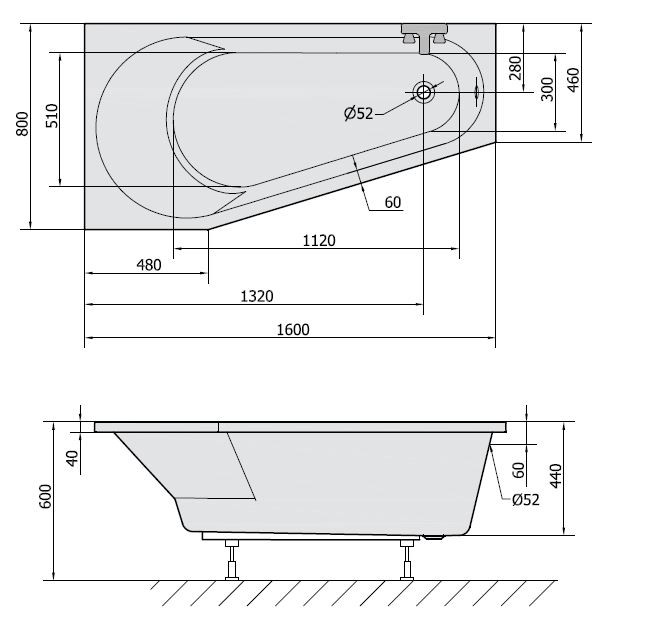 Polysan Projekta L wanna asymetryczna lewa 160x80 cm akryl biały 20111