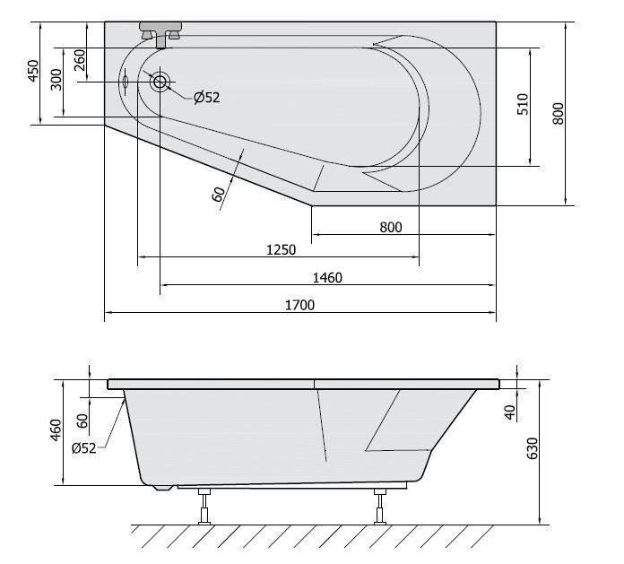 Polysan Tigra R wanna asymetryczna prawa 170x80 cm akryl biały 90611