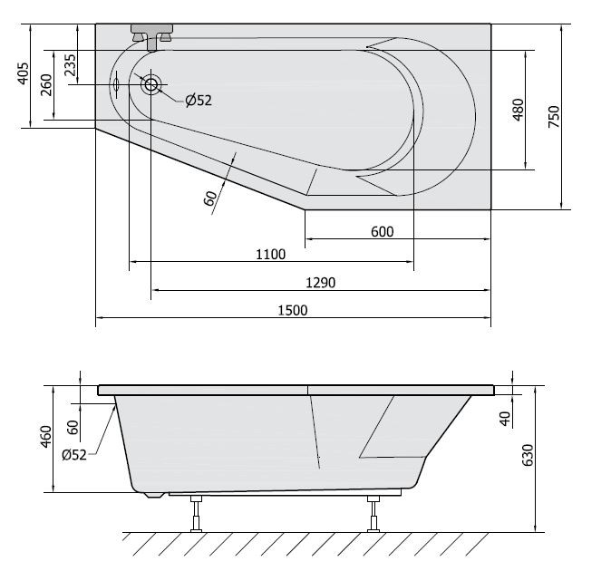Polysan Tigra R wanna asymetryczna prawa 150x75 cm akryl biały 72933