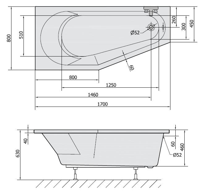 Polysan Tigra L wanna asymetryczna lewa 170x80 cm akryl biały 90111