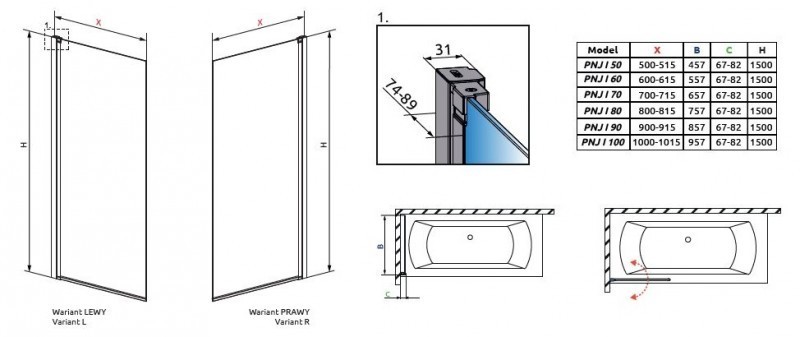 Radaway Nes Black PNJ parawan nawannowy jednoczęściowy 70 cm lewy czarny przeźroczyste Easy Clean 10011070-54-01L