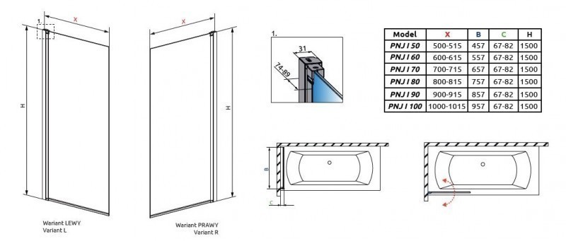 Radaway Nes Black PNJ Frame parawan nawannowy jednoczęściowy 100 cm prawy czarny przeźroczyste Easy Clean 10011100-54-56R