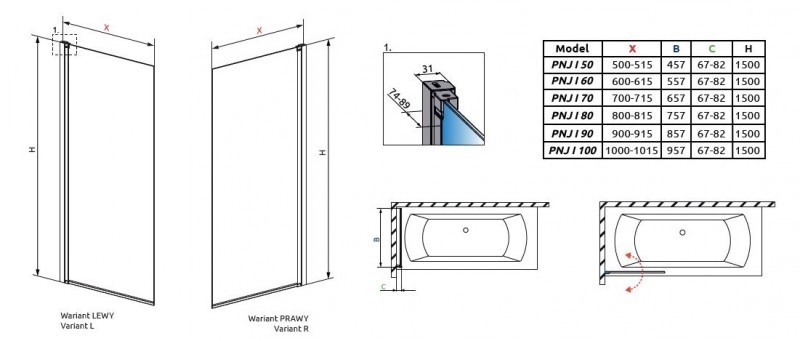 Radaway Nes Black PNJ Frame parawan nawannowy jednoczęściowy 60 cm lewy czarny przeźroczyste Easy Clean 10011060-54-56L