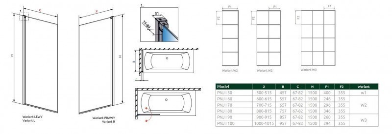 Radaway Nes Black PNJ Factory parawan nawannowy jednoczęściowy 90 cm prawy czarny przeźroczyste Easy Clean 10011090-54-55R