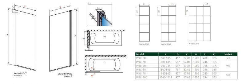 Radaway Nes Black PNJ Factory parawan nawannowy jednoczęściowy 90 cm lewy czarny przeźroczyste Easy Clean 10011090-54-55L