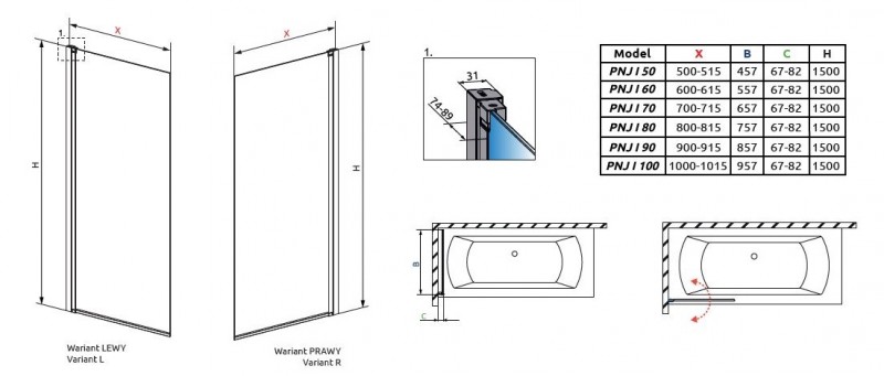 Radaway Nes Black PNJ Frame parawan nawannowy jednoczęściowy 50 cm lewy czarny przeźroczyste Easy Clean 10011050-54-56L