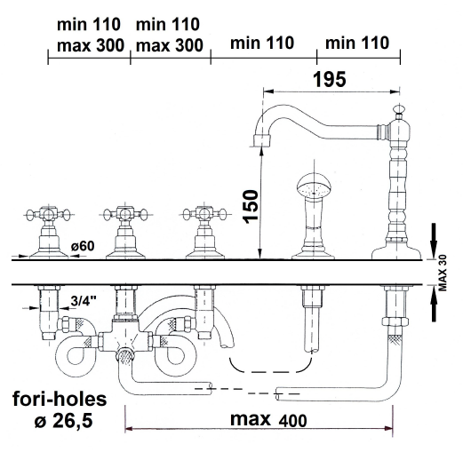 Sapho Antea bateria na brzeg wanny z obrotową wylewką retro różowe złoto 3887