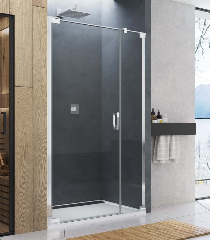 Sanswiss Cadura drzwi wahadłowe jednoczęściowe lewe 140 cm ze ścianką stałą do wnęki lub ścianki srebrny połysk przeźroczyste CA31CG1405007