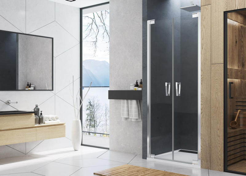 Sanswiss Cadura drzwi otwierane dwuczęściowe 110 cm do wnęki lub ścianki srebrny połysk przeźroczyste CA2C1105007