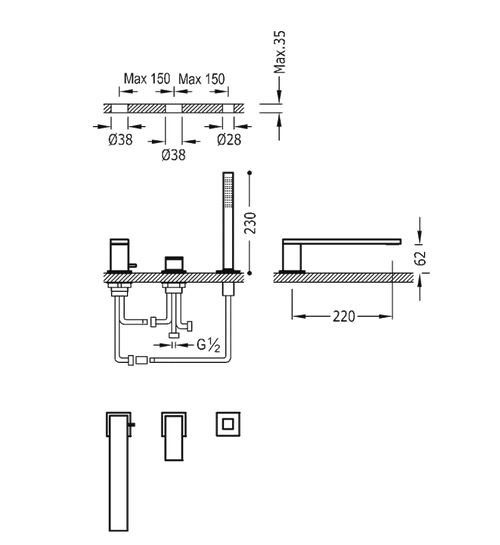 Tres Cuadro Colors bateria wannowa 3-otworowa wylewka 22 cm złoty matowy 00616103OM