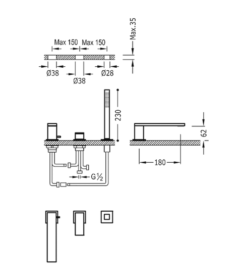 Tres Cuadro Colors bateria wannowa 3-otworowa wylewka 18 cm stal 00616105AC