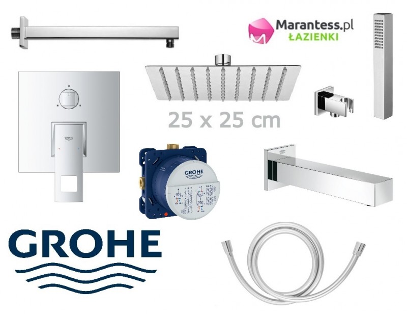Grohe EuroCube zestaw podtynkowy 3-drożny wannowy z deszczownicą Hydroland 25x25 cm, słuchawką i wylewką kompletny 24094000WAN08
