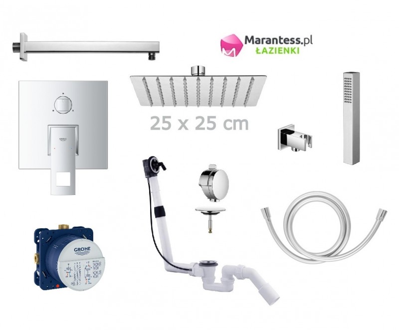 Grohe EuroCube zestaw podtynkowy 3-drożny wannowy z deszczownicą Hydroland 25x25 cm, słuchawką i syfonem z napełnianiem wanny przez przelew kompletny 24094000WAN14