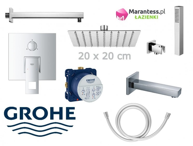 Grohe EuroCube zestaw podtynkowy wannowy z deszczownicą Hydroland 20x20 cm, słuchawką i wylewką kompletny 24094000WAN04