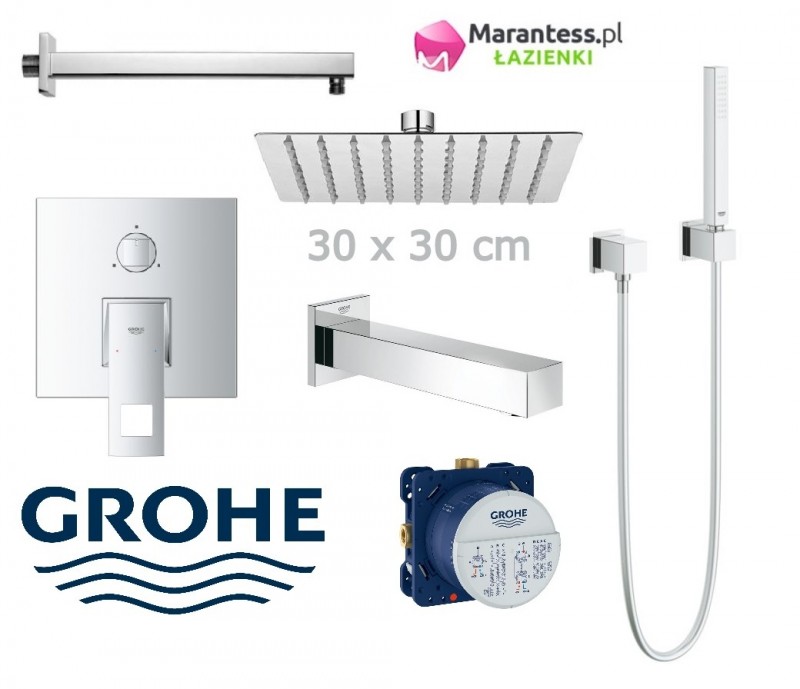 Grohe EuroCube zestaw podtynkowy 3-drożny wannowy z deszczownicą Hydroland 30x30 cm, słuchawką i wylewką kompletny 24094000WAN12