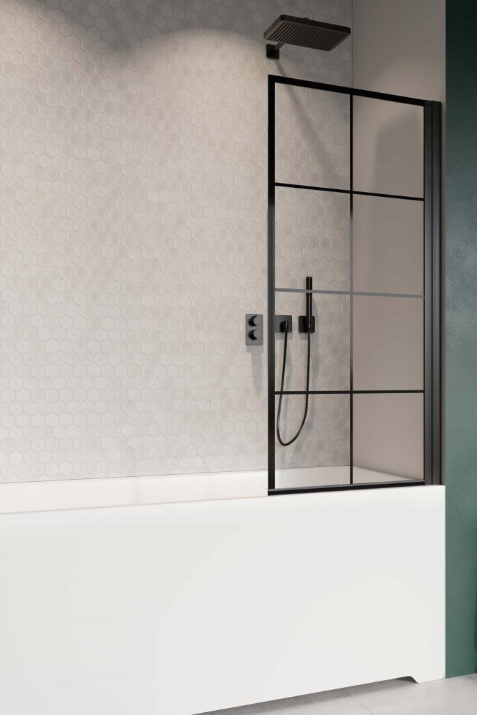 Radaway Nes Black PNJ Factory parawan nawannowy jednoczęściowy 80 cm prawy czarny przeźroczyste Easy Clean 10011080-54-55R