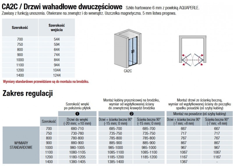 Sanswiss Cadura drzwi otwierane dwuczęściowe 75 cm do wnęki lub ścianki srebrny połysk przeźroczyste CA2C0755007
