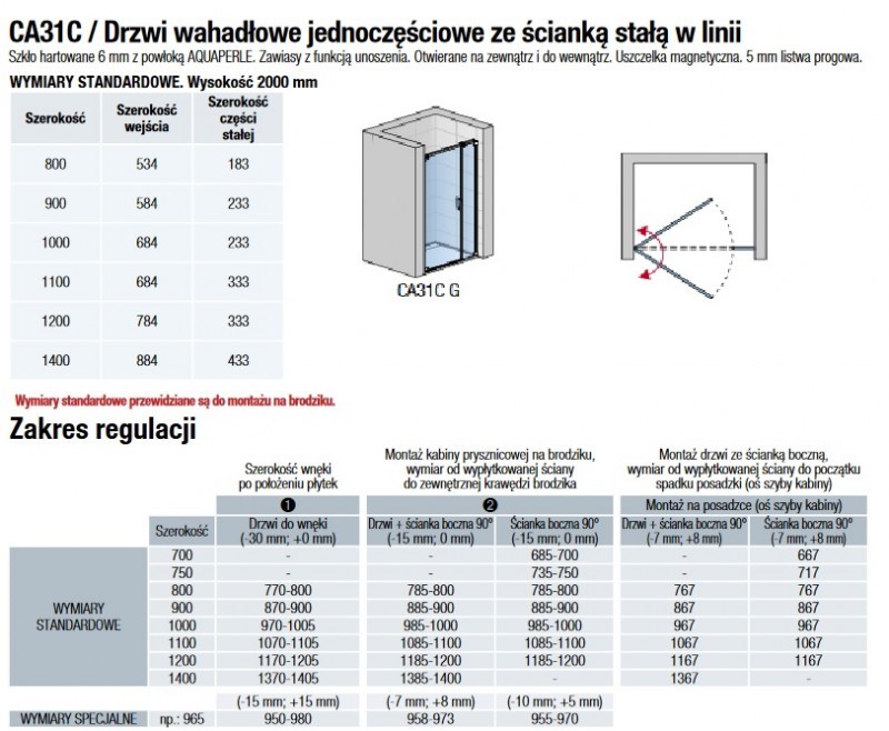 Sanswiss Cadura drzwi wahadłowe jednoczęściowe lewe 90 cm ze ścianką stałą do wnęki lub ścianki srebrny połysk przeźroczyste CA31CG0905007