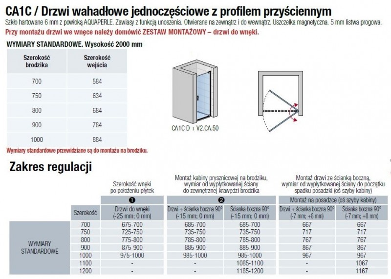 Sanswiss Cadura drzwi wahadłowe jednoczęściowe lewe 75 cm do wnęki lub ścianki srebrny połysk przeźroczyste CA1CG0755007