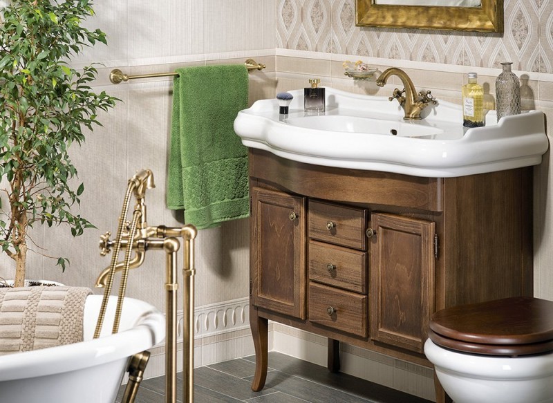 Sapho Antea bateria umywalkowa wysoka z korkiem automatycznym retro złoty 3275