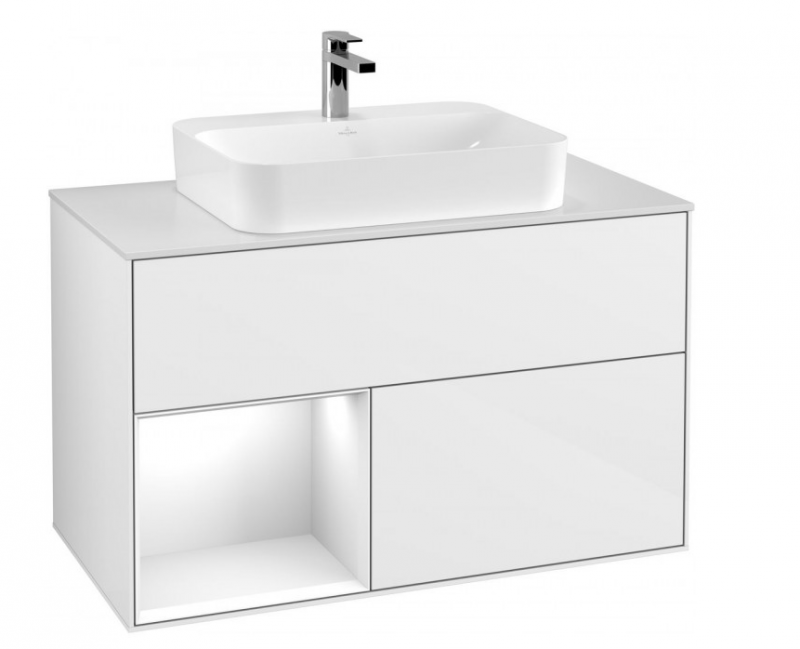 Villeroy&Boch Finion szafka pod umywalkę 100 cm z 2 szufladami i otwartą półką Glossy White Lacquer biały F361GFGF