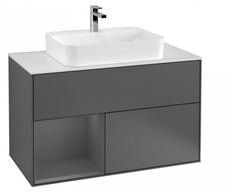 Villeroy&Boch Finion szafka pod umywalkę 100 cm z 2 szufladami, otwartą półką i oświetleniem LED Anthracite Matt Lacquer grafit G771GKGK