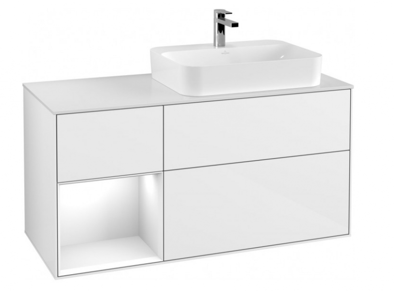 Villeroy&Boch Finion szafka pod umywalkę 120 cm z 3 szufladami i otwartą półką umywalka po prawej stronie Glossy White Lacquer biały F391GFGF