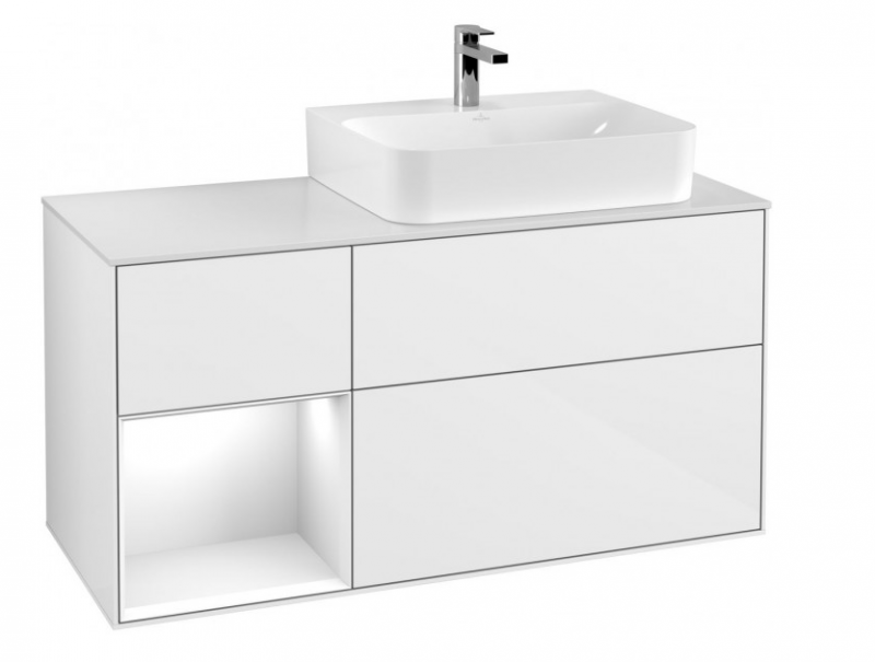 Villeroy&Boch Finion szafka pod umywalkę 120 cm z 3 szufladami i otwartą półką Glossy White Lacquer biały F141GFGF