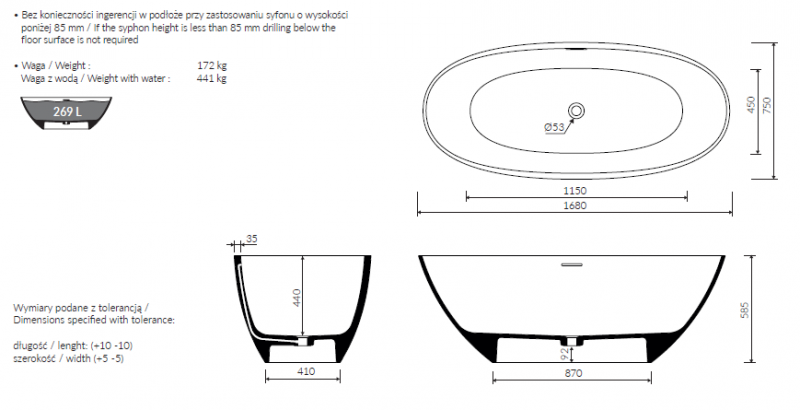 Marmorin Wila II wanna wolnostojąca 168x76 Mineralicast P_W_620_01_1680_0_00