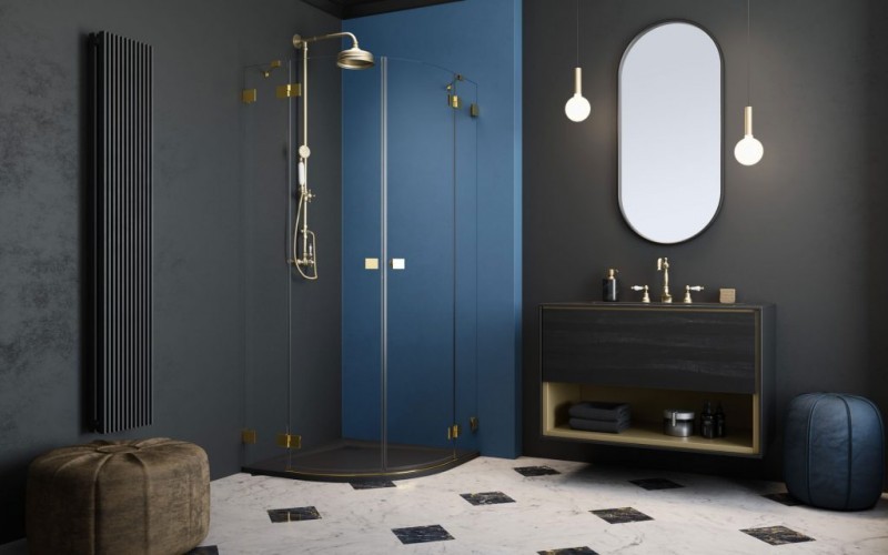 Radaway Essenza Pro Gold PDD kabina półokrągła 90x90 drzwi otwierane złoty przeźroczyste Easy Clean 10095090-09-01L + 10095090-09-01R