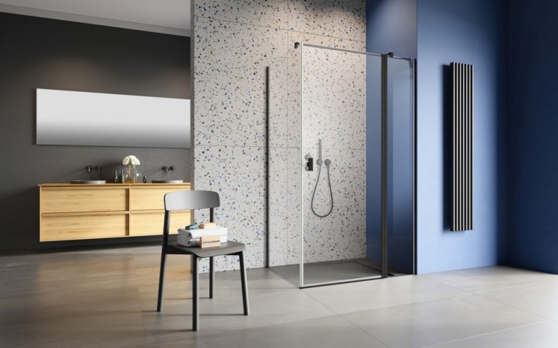 Radaway Nes Black KDJ II kabina prostokątna 90x75 drzwi wahadłowe PRAWE 90 i ścianka 75 czarny przeźroczyste Easy Clean 10032090-54-01R + 10039075-01-01