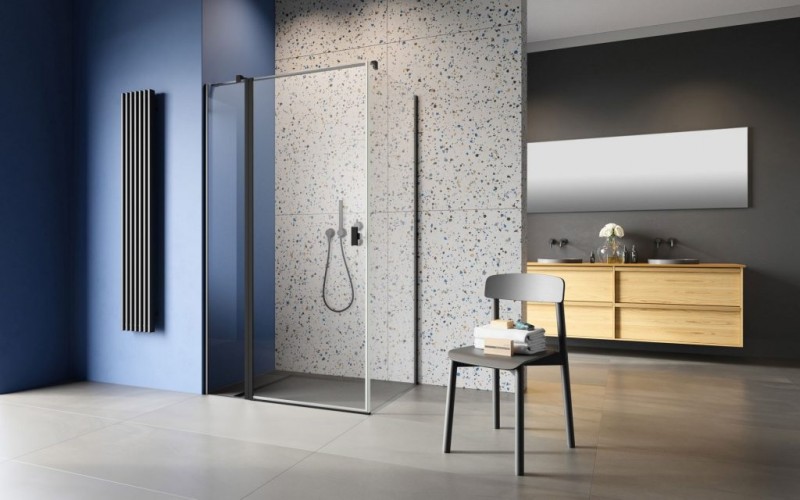 Radaway Nes Black KDJ II kabina kwadratowa 80x80 drzwi wahadłowe LEWE 80 i ścianka 80 czarny przeźroczyste Easy Clean 10032080-54-01L +10039080-01-01