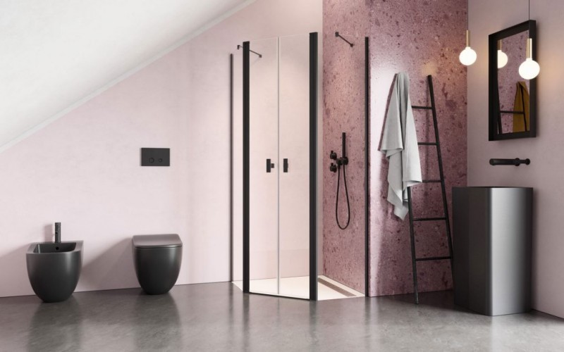 Radaway Nes Black PTD kabina pięciokątna asymetryczna 100x80 drzwi dwuczęściowe wahadłowe czarny przeźroczyste Easy Clean 10051000-54-01 + 10051300-54-01