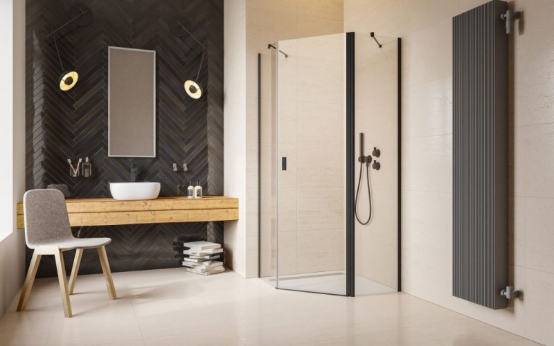 Radaway Nes Black PTJ kabina pięciokątna 80x80 drzwi wahadłowe PRAWE chrom przeźroczyste Easy Clean 10052000-54-01R + 10052500-54-01