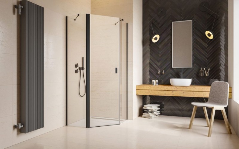 Radaway Nes Black PTJ kabina pięciokątna 80x80 drzwi wahadłowe LEWE chrom przeźroczyste Easy Clean 10052000-54-01L + 10052500-54-01