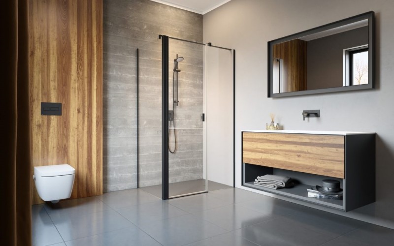 Radaway Nes Black KDS II kabina kwadratowa 90x90 drzwi wahadłowe PRAWE 90 i ścianka 90 czarny przeźroczyste Easy Clean 10033090-54-01R + 10040090-54-01