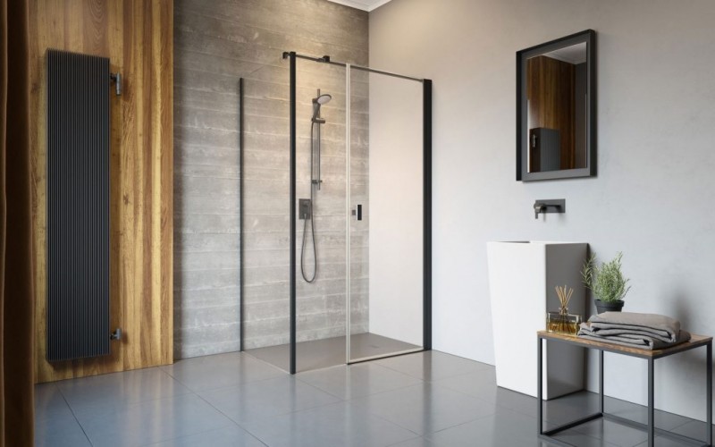 Radaway Nes 8 Black KDS I kabina prostokątna 120x90 drzwi wahadłowe PRAWE 120 i ścianka 90 czarny przeźroczyste Easy Clean 10073120-54-01R + 10073112-54-01 + 10089090-01-01